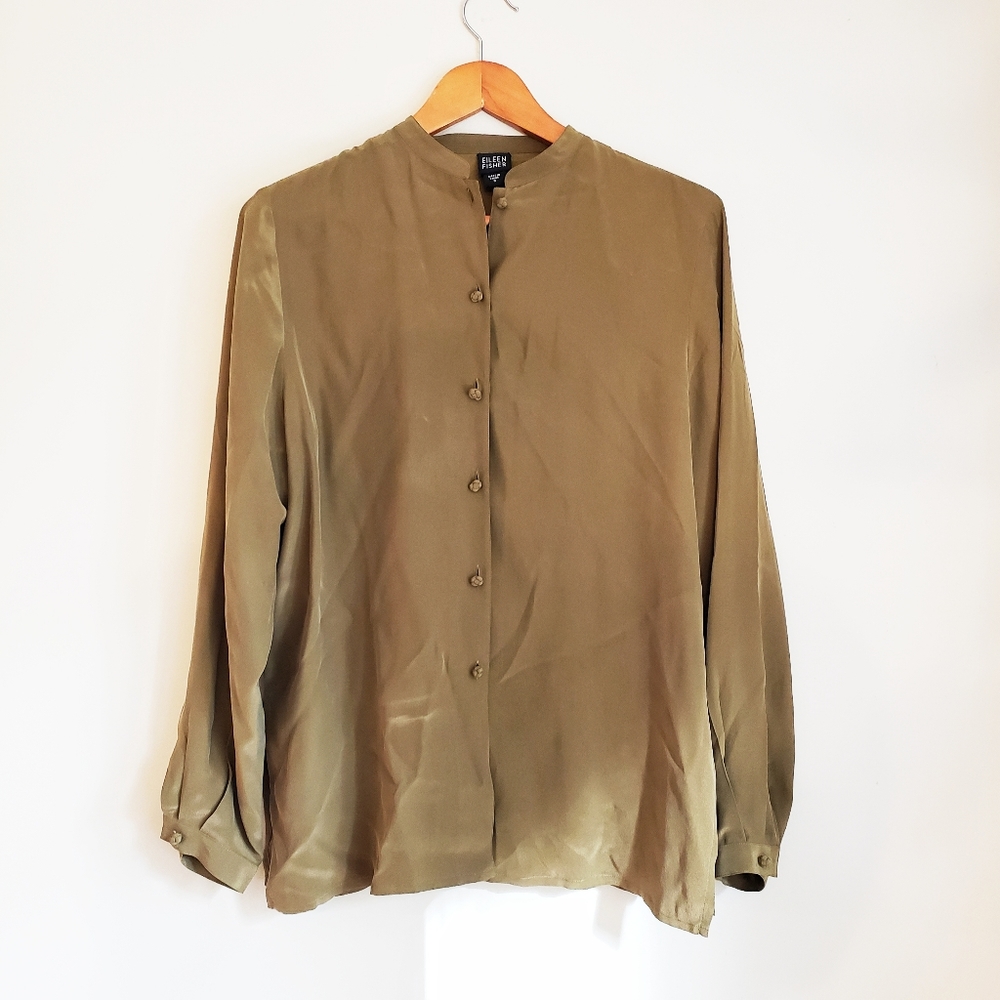 Eileen Fisher Olive Green Silk Long Sleeve Blouse
